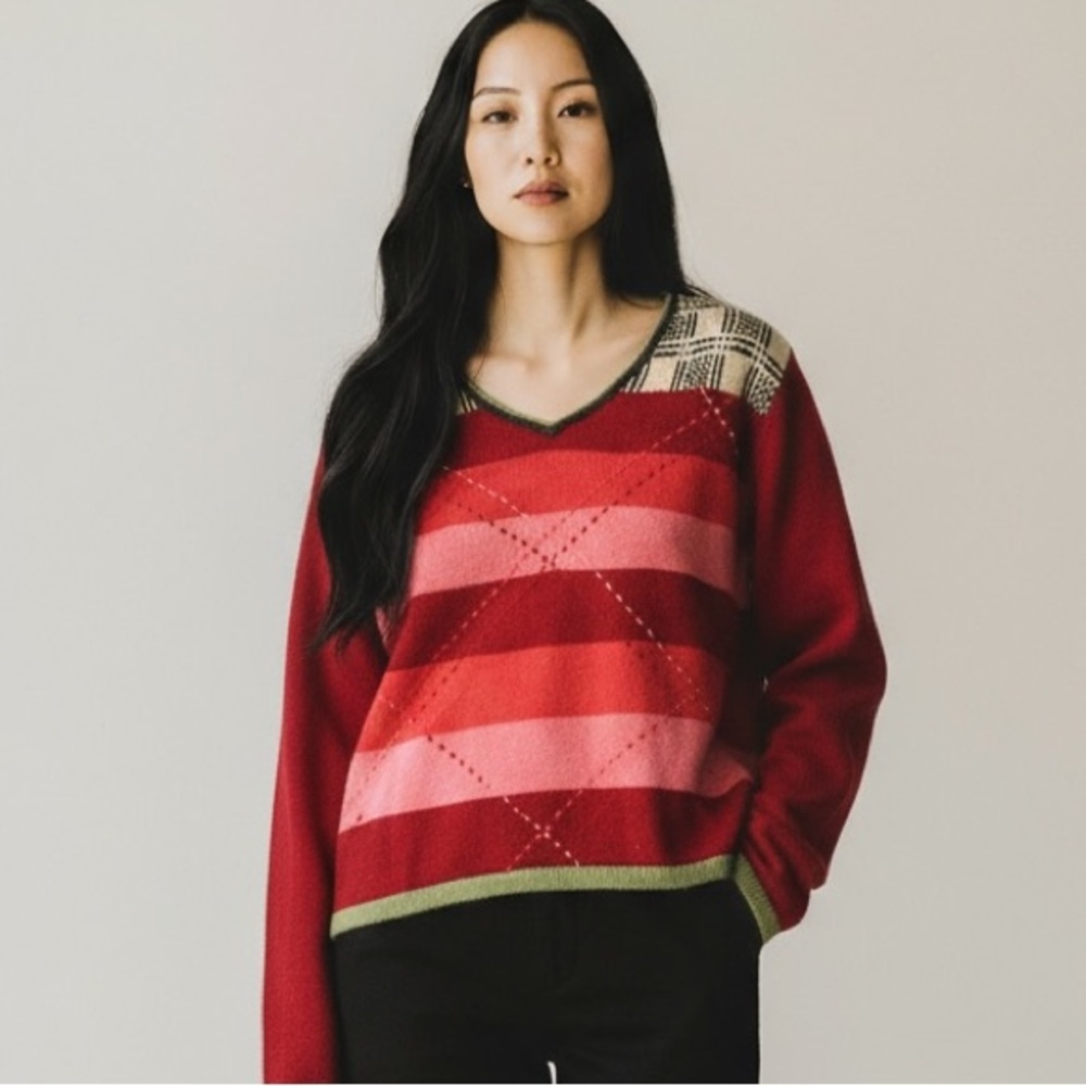 Vintage Express Wool Red and Pink Sweater with Plaid Accents